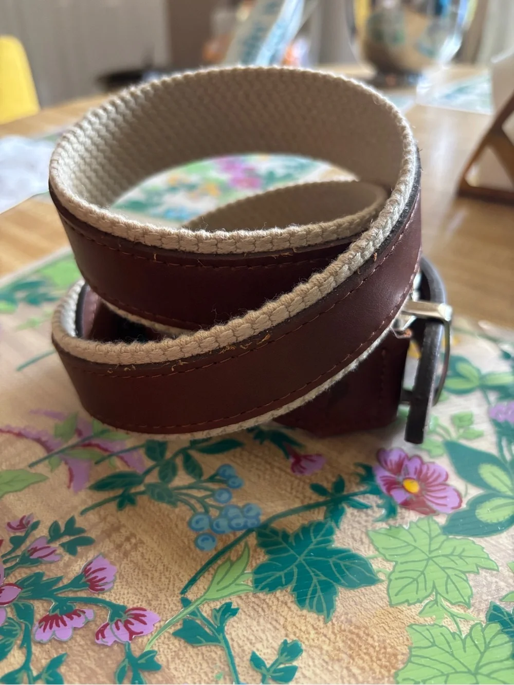 Tommy Bahama Brown Leather Belt with Cream Canvas Edge Reversible